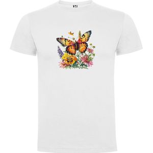 Wit T-Shirt met “Vlinder met kleurrijke bloemen - Voorjaar“ Print Full Color Maat M