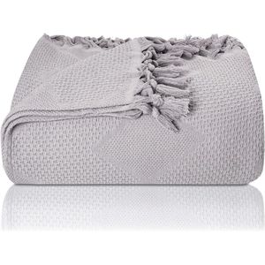 Premium sprei met handgeknoopte franjes, 100% katoen, 180 x 220 cm, wafelpiqué zomerdeken, katoenen deken als bedsprei, banksprei en bankdeken, lichtblauw