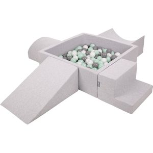 KiddyMoon Schuimspeelplaats met vierkant Ballenbad - ∅ 7cm 300 Ballen - Ballenbak Ballen Voor Baby's Foam - Speelplaats met Helling Halve Cilinder Wig en Trapjes - Ballenbak schuim voor kinderen - Lichtgrijs: Wit Grijs Munt