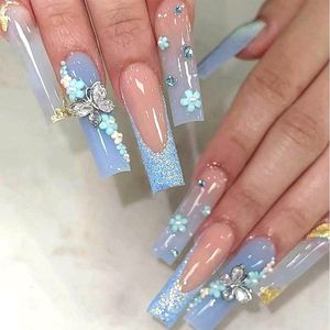 24 stuks Vlinderblauwe Kunstnagels Vierkant Lang Glinsterend Glinzende Strass Valse Nageltips om op te drukken .