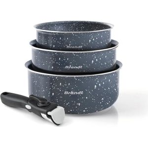 Set van 3 sauspannen met afneembaar handvat - Grijs marmer / Zwart