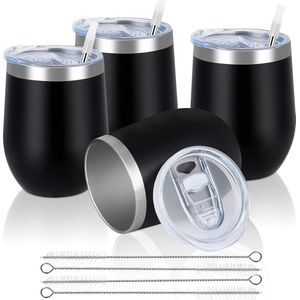 Thermosbeker Roestvrij Staal 4 stuks 340 ml met Lekvrij Push-On Deksel, 4 Rietjes en 4 Rietjesborstels - Dubbelwandige Onbreekbare Travel Mug voor Melk, Koffie, Wijn, Bier, Champagne, Cocktails - Houdt Koel en Warm - Thermosbeker Koffie - Zwart