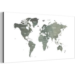 Wanddecoratie Metaal - Aluminium Schilderij Industrieel - Wereldkaart - Grijs - Design - 40x20 cm - Dibond - Foto op aluminium - Industriële muurdecoratie - Voor de woonkamer/slaapkamer
