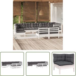 The Living Store Loungeset Grenenhout - Hoekbank en Middenbank - Wit - 63.5x63.5x62.5cm - Inclusief Kussens