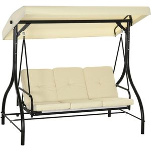 Openlucht 2-in-1 verandaschommel met ligfunctie, 3-zits tuinschommel met verstelbaar zonnedak, schommelbank, draagvermogen tot 240 kg, tuinligstoel voor tuin, terras, 195 x 117 x 175 cm, beige
