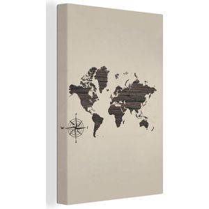 Wanddecoratie Wereldkaart - Hout - Kompas - Canvas - 40x60 cm