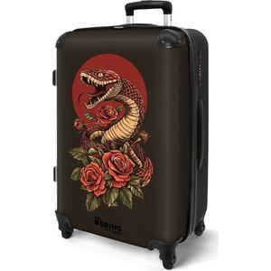 NoBoringSuitcases.com® - Koffer groot - Rolkoffer lichtgewicht - Zwart met slang en rode bloemen - Reiskoffer met 4 wielen - Reis trolley - Grote valies XL - Bagagekoffer op wieltjes - 20 kg bagage - Ruimbagage middelgroot