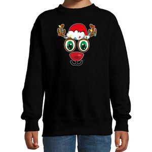 Bellatio Decorations kersttrui/sweater voor kinderen - Rudolf gezicht - rendier - zwart - Kerstdiner 152/164