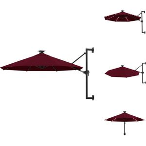 vidaXL Wandparasol Bordeauxrood - 300 x 131 cm - UV-beschermend - Waterdicht - Met zwengelsysteem - 28 LED-lampjes - Parasol