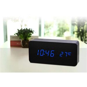 Digitale clock Spraakbesturing 3 Set Alarm USB Batterijgevoede Modieuze Houten klok Met Temperatuur Tijdweergave Voor Thuiskantoor Bureauklok AC11 Black_Blue