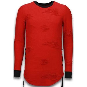 Destroyed Look Trui - Side Laces Long Fit Sweater - Rood