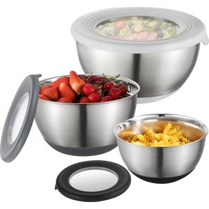 OxyFlowzy® - Mengkom met deksel, set van 3 roestvrijstalen mengkommen met zichtbare deksels, antislip siliconen basis, veelkleurig, stapelbare metalen kommenset voor bakken, opslag, 1.5L/3L/5L.