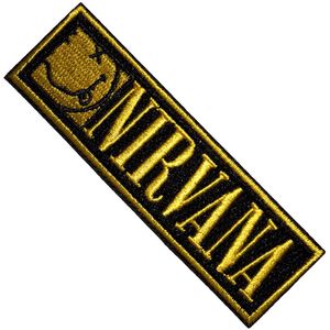 Nirvana - Logo & Happy Face Bordered Small Patch - Zwart/Goudkleurig