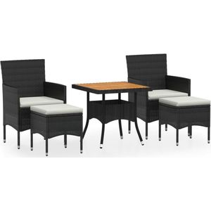 vidaXL 5-delige Tuinset - Poly Rattan - Zwart Eetkamer Set - Tuinset - Ratan Eetkamerstoel - Zwarte Eetkamertafel - Acacia Hout