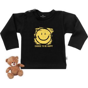Baby t shirt met lachende smiley opdruk - Zwart - Lange mouw - Maat 74/80.