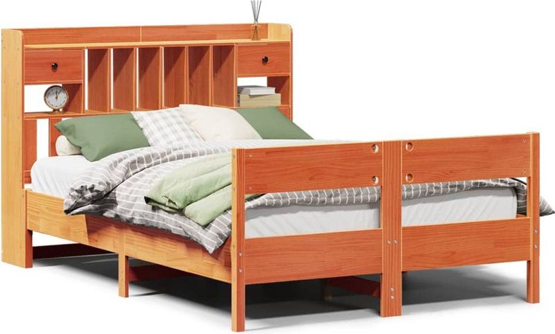 vidaXL - Bed - met - boekenkast - zonder - matras - grenenhout - wasbruin - 135x190 - cm