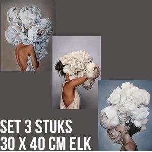 Allernieuwste SET van 3 STUKS Canvas Sexy Bloemen Vrouwen - Modern Figuratief - Kleur - Set 3x 30x40 cm