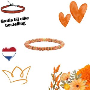 Frank 1967 7FB-0624 Kralen Armband - Heren - Rekbaar - koningsdag - Oranje - Imperial Stone - 6 x 3 mm - 19 cm - Staal - Goudkleurig