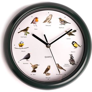 Nexxt Vogelklok met vogelgeluiden - Birdsong Clock met 12 Vogeltonen - Klok met Natuurgeluiden - Ø25 cm - Donkergroen