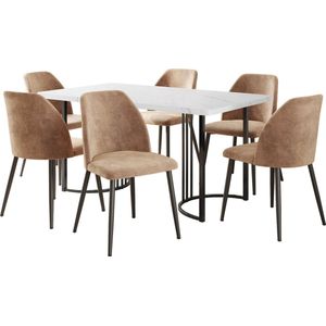 Merax Eettafel Set 7-delig – 140x80 cm Eettafel met 6 Stoelen - Moderne Eetkamerset met Witte MDF Tafel en Stoelen met Rugleuning in Lichtbruin