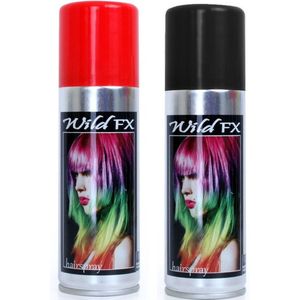 Set van 2x kleuren haarverf/haarspray van 125 ml - Zwart en Rood - Carnaval verkleed spullen