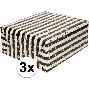 3x Inpakpapier/cadeaupapier metallic wit/zwart/goud gestreept 150 x 70 cm per rol  - kadopapier / cadeaupapier/papier