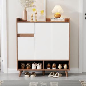 Sweiko Schoenenkast - Verstelbare planken - Met lades - Massief houten poten - Wit + houtkleur