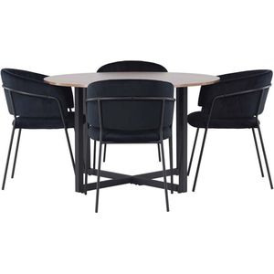 Durango eethoek tafel okkernoot decor en 4 Selma stoelen zwart.