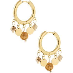 Joy Ibiza - coins muntjes oorbellen - 20 mm oorringen met rondjes bedels - bruin beige - klap scharnier - ear party boho - bohemian style - stainless steel - ip/pvd goldplated