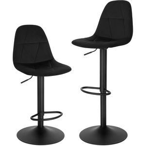 Barkrukken - Set van 2 Ergonomische Barstoelen – Fluweelen Zitten met Rugleuning – Verstelbare Hoogte (60-81 cm) – 360° Draaibaar – Stabiele Basis – Zwart