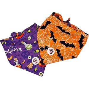 Halloween Bandana Hond - Kleurrijke Hondenbandana - Paars - Oranje - Pompoenen - Spinnenwebben - Pumpkin Pooch Parade - Paw My God! - Maat L