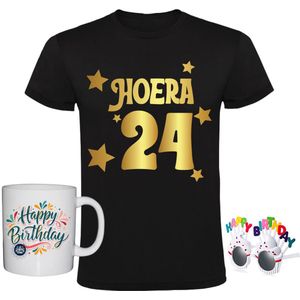 24 jaar Heren T-shirt + Koffiemok + Happy birthday bril - goud - verjaardag - shirt