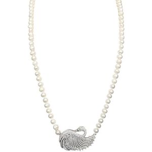 N3 Collecties Lange  Wit Parelcollier met Zwaan zirkoon hanger