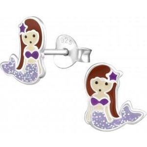 Oorbellen meisje | Zilveren kinderoorbellen | Zilveren oorstekers, zeemeermin met paarse glitterstaart