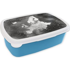 Broodtrommel Blauw - Lunchbox - Brooddoos - Europakaart op sterrenstelsel achtergrond van waterverf - zwart wit - 18x12x6 cm - Kinderen - Jongen