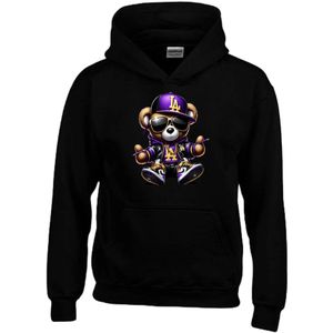 Hoodie kind - Sweater zwart met capuchon - Stoere trui met Beer - Maat 134/140