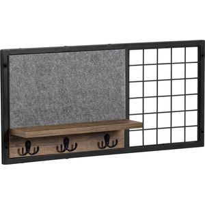 Mara Wandplank - Wandkapstok Met Hoedenplank - Kapstok - Vilten Memobord - Rasters - 1 Plank - 3 Dubbele Haken - 67 x 12 x 32 cm