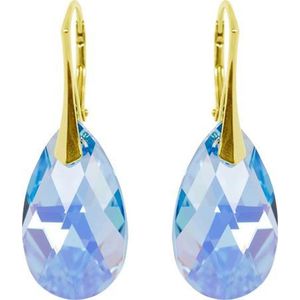 DBD - Goud Vergulde Zilveren Oorbellen - Druppel Swarovski Kristal Elements - Aquamarijn Blauw - 22MM - Anti Allergisch