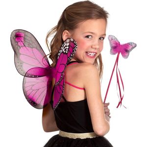 Boland Verkleed accessoire set vlinder - vleugels en toverstokje - fuchsia roze - kinderen