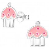 Oorbellen meisje | Zilveren kinderoorbellen | Zilveren oorstekers, roze cupcake met kristal