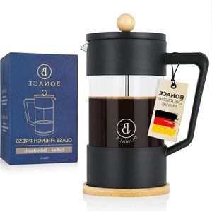 French Press Koffiezetapparaat van borosilicaatglas zwart met bamboe-elementen - inclusief cliplepel van roestvrij staal, reinigingsborstel en 2 reservefilters - voor 6 kopjes 1 liter