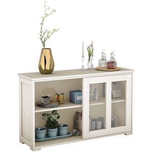 SureDeal® - Dressoir - MDF -Gehard Glas - 106 -5x33x62 -5 cm - Crèmewit - Met Verstelbare Plank -Glazen Schuifdeuren