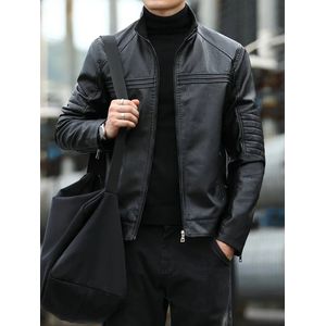Stijlvolle Zwarte PU-Leren Herenjack voor Dagelijks Comfort - Casual met Rits en Meerdere Zakken, Glanzende Afwerking, Perfect voor Casual Kleding & Buitenactiviteiten