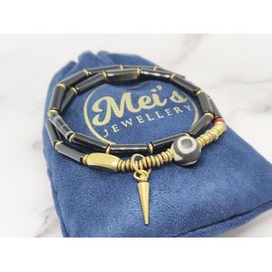 Mei's Tibetan Onyx Rod | Tibetaanse armband dames | Edelsteen / Zwarte Onyx / Koper | polsmaat 17 cm / zwart / goud