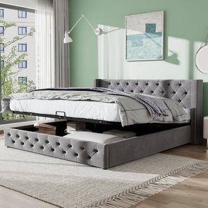 Sweiko Dubbele bed 160*200cm Hydraulische Functionele Bedbodem is met Vuilafstotende Zwarte niet-geweven stof, Dubbele rij klinknagels Flanel, Knopnaden hoofd en voeteinde, Grijs