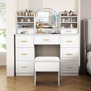 Sweiko Kaptafel - met Spiegel + kruk - LED verlichting - 9 Laden - 120x40x135 cm - Wit