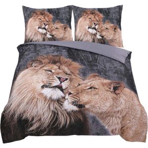 Dekbedovertrek- Lion Love- Tweepersoons-200x200/220cm+2 kussenslopen 60x70cm- Leeuwen - Beige/Grijs