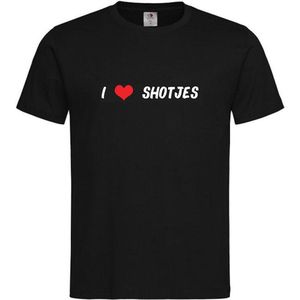 T-shirt Unisex Volwassenen Grappig Tekst ""i <3 shotjes"" Op Voorkant | korte mouw | Zwart/wit/rood | maat XL