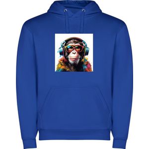 Kobalt Blauwe unisex hoodie met “ Kleurrijke Chimpansee met Bril en Koptelefoon“ Print Full Color merk Roly maat 104 3/4 jaar