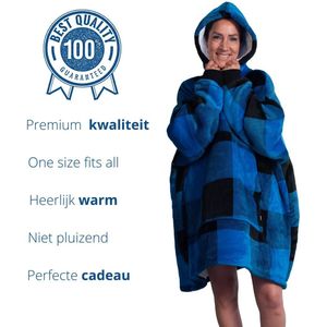 Q-Living Hoodie Deken - Extra Lang & Dik - Snuggie - Plaid Met Mouwen - Snuggle Hoodie - Fleece Deken Met Mouwen - 1450 gram - Blauw/Zwart Geblokt